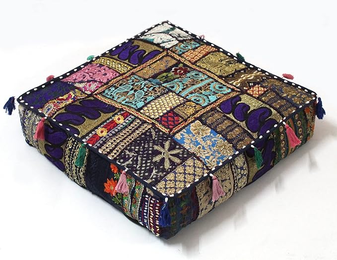 Mam Treasures Indian Bohemian Decorative Pillow Vintage Cushion Cover Patchwork Square Floor Pillow Cover Meditation Cushion Large Floor Pillow Indian Cushion (Dark Blue, 22 X 22 X 5 Inch)