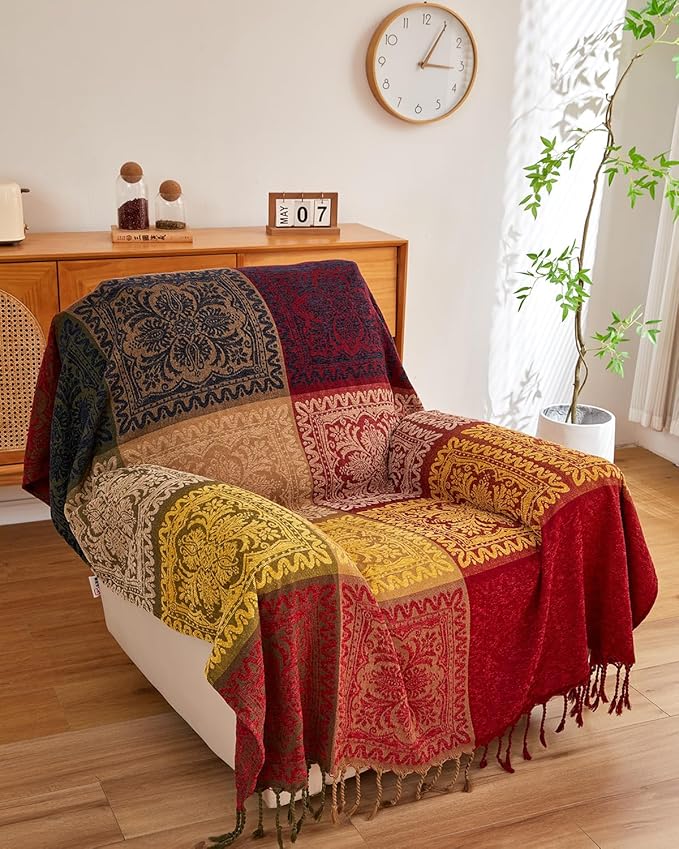 AIVIA Boho Throw Blanket, Chenille Jacquard Colorful Bohemian Chair Recliner Furniture Cover Aztec Hippie Throws Loveseat Sofa Blankets (60" x 75", Red Green Navy Yellow)