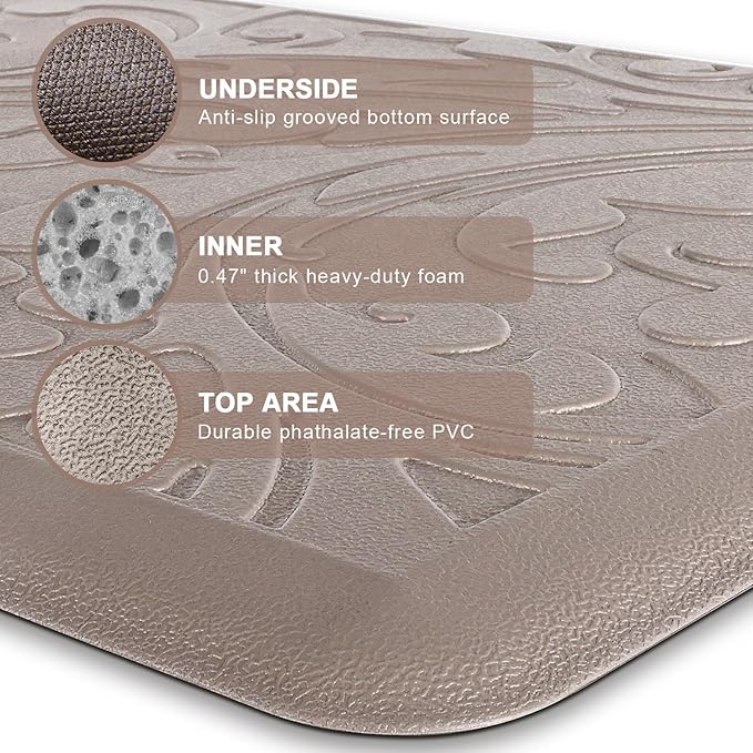 KMAT Kitchen Mat Cushioned Anti-Fatigue Floor Mat Waterproof Non-Slip Standing Mat Ergonomic Comfort Floor Mat Rug for Home,Office,Sink,Laundry,Desk 39"(L) x 20"(W),Khaki
