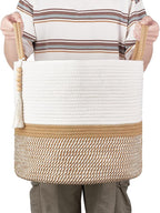 Mkono Woven Storage Basket Decorative Natural Rope Basket Wooden Bead Decoration for Blankets,Toys,Clothes,Shoes,Plant Organizer Bin with Handles Living Room Home Decor, 16"W×13.8"L, White and Brown