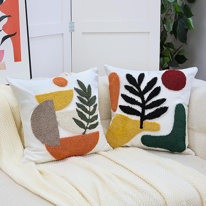 Boho Accent Pillow Covers 18x18- Tufted Abstract Modern Square Throw Pillow Covers, Farmhouse Decorative Pillowcase for Couch, Sofa, Bed, Living Room -Orange Beige Geometric Dark Green Leaf