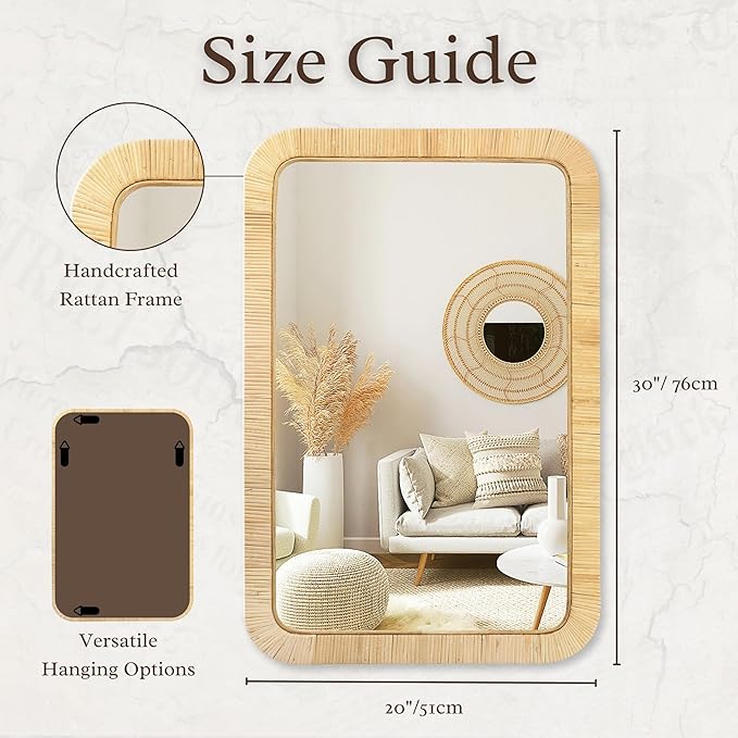 PERFNIQUE Rattan Mirror, 30'' x 20" Rectangle Boho Bathroom Mirror, Decorative Wall Nursery Decor, Rustic Farmhouse Handmade Wicker Mirror for Bathroom Bedroom Entryway Living Room Decor