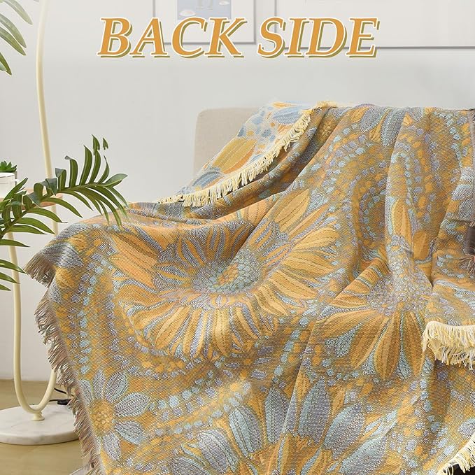 Snycler Flowers and Plants Throw Blanket for Bed 50 * 60inch Woven Blanket Cotton Polyester Farmhouse Decor for Indoor Outdoor Sofa Bedroom Garden，All Season （Sunflower）