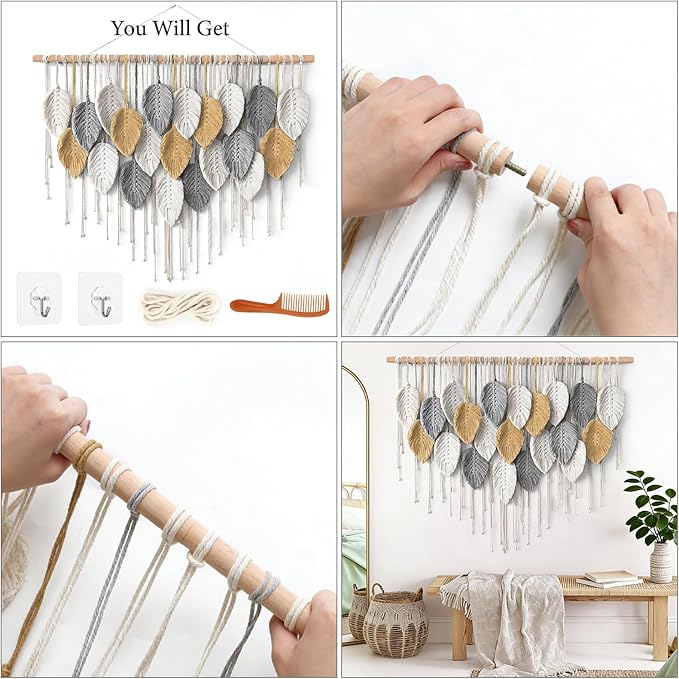 KHOYIME Large Macrame Wall Hanging Boho Woven Tapestry, Chic Modern Home Decor Bohemian Farmhouse Handmade Leaf Feather Wall Art Decorations for Living Room Bedroom Nursery Dorm Backdrop 39"W X 29.5"L