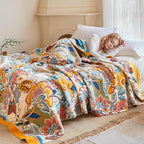 Boho Throw Blanket - 60"x80" 100% Cotton Ultra Soft Lightweight Spring Blanket, 4-Layer Breathable Muslin Blankets for Bed Couch, Reversible Green Floral Butterfly Printed Bohemian Cotton Quilt