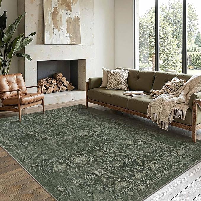 6x9 Area Rugs for Living Room Bedroom, Large Washable Rug, Green Vintage Floral Boho Style, Non Slip & Low Pile Carpet for Indoor Dining Room, Dorm and Kids Room(Green 6x9ft)