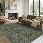6x9 Area Rugs for Living Room Bedroom, Large Washable Rug, Green Vintage Floral Boho Style, Non Slip & Low Pile Carpet for Indoor Dining Room, Dorm and Kids Room(Green 6x9ft)