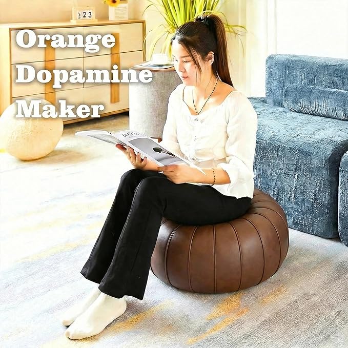 Leather Pouf - 20”Dx12”H, Wash-Free Tech Fabric Pouf Unstuffed Ottoman Moroccan Footstool, Floor Footrest Cushion, Storage Solution, Natural Orange Color Unstuffed Faux Leather Cover (Brown)