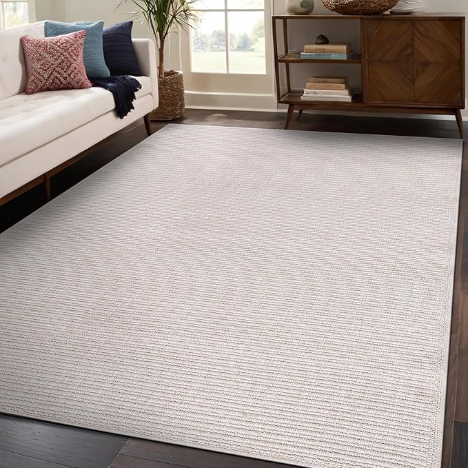 Beverly Rug Easy Jute Off White Rug 6x9 Solid Washable Durable Outdoor Indoor Area Rugs for Living Dining Room Patio Office Stain Resistant Non Shedding Casual Indoor Outside Carpet (6 x 9 Off-White)