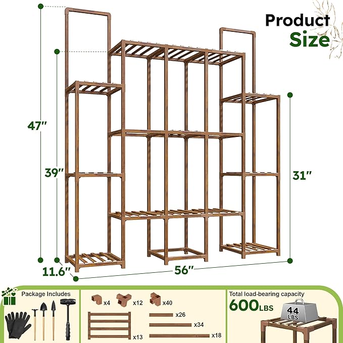 EnHomee 13 Tiers Plant Stand, Indoor Plant Stand with 18-22 Pots, Wood Plants Shelves for Living Room, Patio, Balcony, Yard, Garden, 56''W×11.6''D×47''H