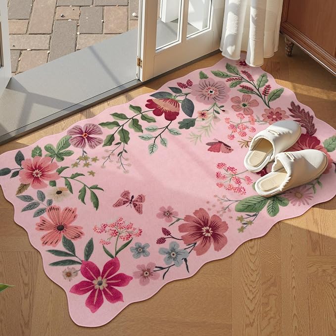 Lahome Floral Washable Entryway Rug, 2X3 Soft Kitchen Rugs Non-Slip, Ultra-Thin Door Mat Indoor Entrance Stain Resistant Boho Small Throw Carpet for Bathroom Bedroom Entry Flore, Pink
