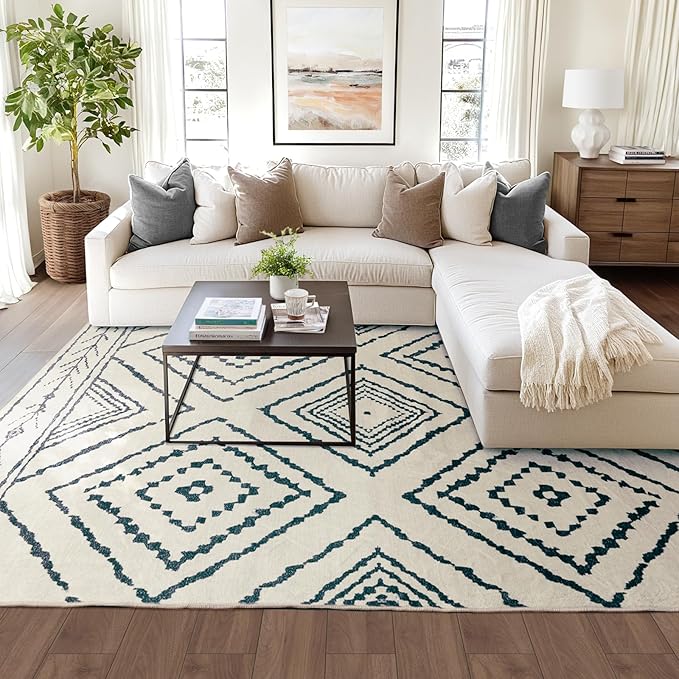 Area Rug 8x10 Rug Machine Washable Non-Slip Low Pile Print Pattern Western Rug for Living Room Bedroom Entryway Tribal Series -Navywhite/Black