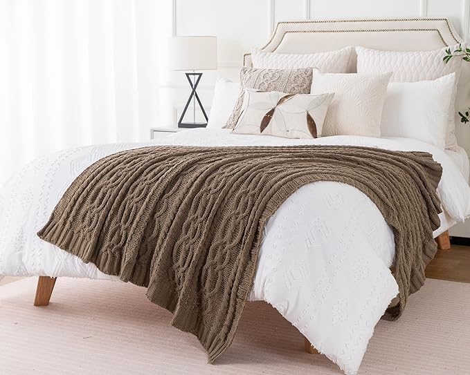 Battilo Camel Tan Throw Blanket for Couch,51"x67", Cable Chenille Knitted Throw Blankets for Bed, Sofa, Chair,Living Room, Soft Cozy Thick Warm Decorative Textured Blanket.