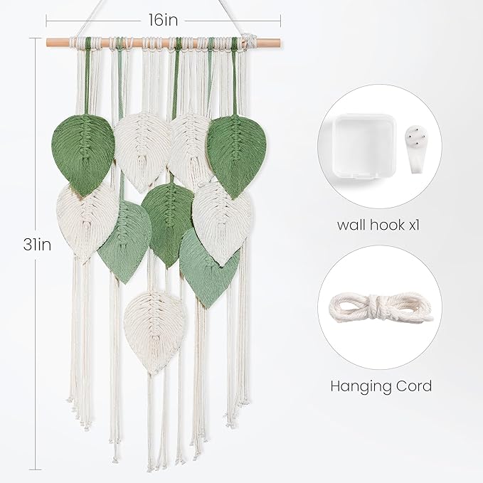 NYEONHRT Macrame Wall Hanging Boho Leaf and Feather Tapestry Handmade Woven Wall Art for Living Room Bedroom Nursery Decor 16x31 Inch (White green)