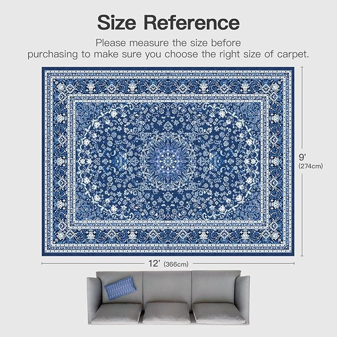 Lofus 9x12 Area Rugs for Living Room, Machine Washable Non-Slip Area Rug, Low Pile Large Rugs for Bedroom, Kitchen, Dining Room, Home Office, Vintage Oriental Print Rug, Dark Blue with White