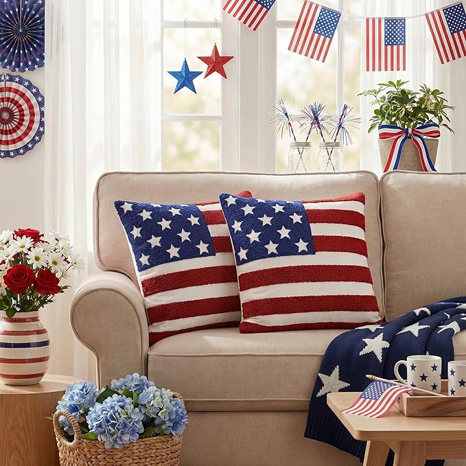 AVOIN colorlife 4th of July Patriotic Striped Star Flag Embroidered Throw Pillow Cover, 18 x 18 Inch Independence Day Decor Tufted Patterned Linen Cushion Case for Sofa Couch