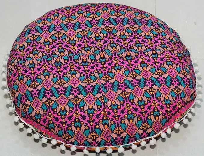 CRAFT KALA 32 Inch Meditation Floor Pillows Cover Round Pillow Seating Hippie Decorative Bohemian Mandala Floor Cushion Cover Outdoor Yoga Living Room Throw Ottoman Poufs Cover (32", New Pink Ombre)