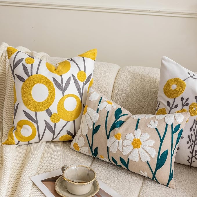 vctops Boho Floral Tufted Decorative Throw Pillow Cover Botanical Embroidered Cotton Cushion Cover for Couch Sofa Bed (Flower D,18"x18")