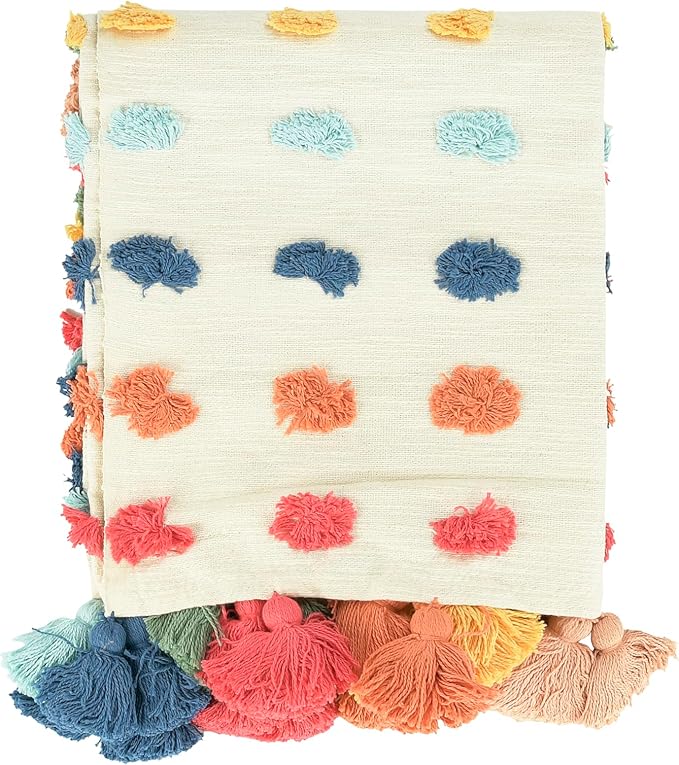 Creative Co-Op Soft Woven Cotton Throw with Tufted Dots and Tassels, Multicolor