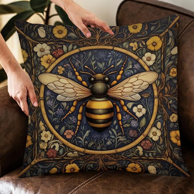 YOU FOUND ME William Morris Abstract Vintage Floral Bee Design Velvet Throw Pillow Covers Home Decor, Retro Art Decor Pillowcase Cushion Cover for Bed Sofa Living Room, Square 18x18inch (Bee)