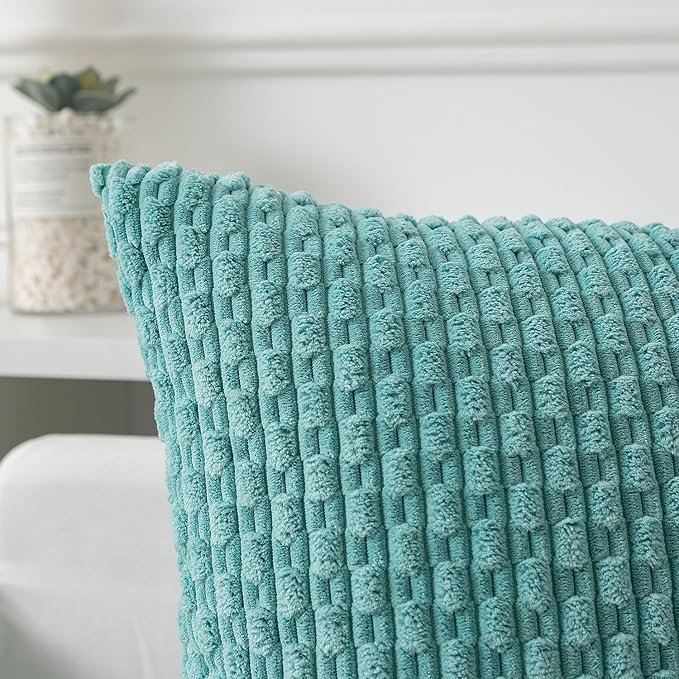Kevin Textile 14x24 Inch Pillow Cover 1 Pack Boho Decorative Soft Striped Corduroy Lumbar Farmhouse Color Accent Rectangle Cushion Case for Living Room Couch Sofa Bed, Aqua Green