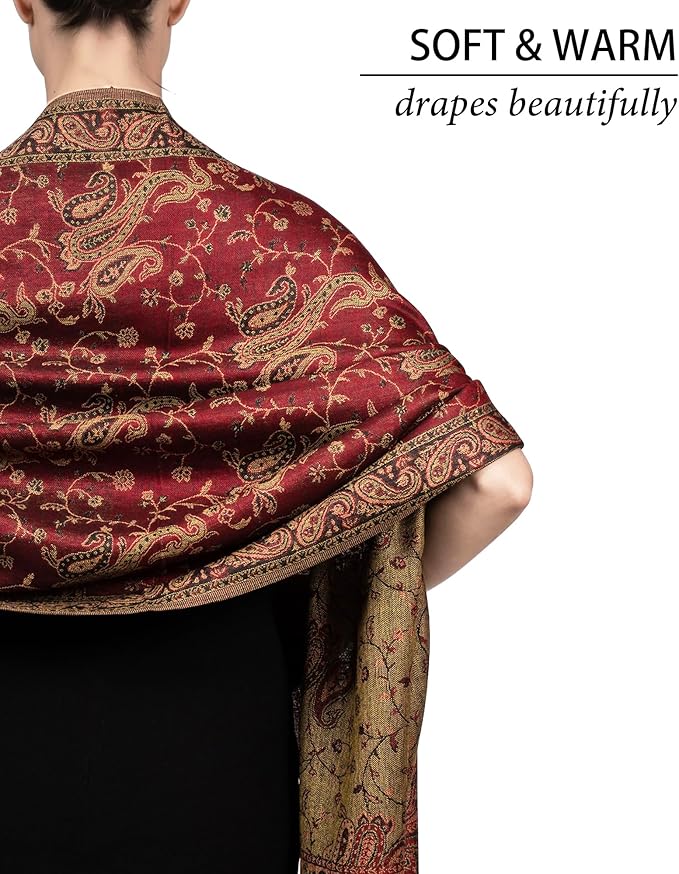 Achillea Reversible Paisley Pashmina Rave Scarf – Exotic Indian Shawls and Wraps for Evening Dresses, Festivals, All Seasons