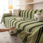 VClife Chenille Sofa Cover Bohemian Striped Pattern Couch Cover for 3 Cushion Sofa - Sage Green Black Textured Sofa Slipcover Washable Furniture Protector for Couch Decorative Couch Cushion Cover