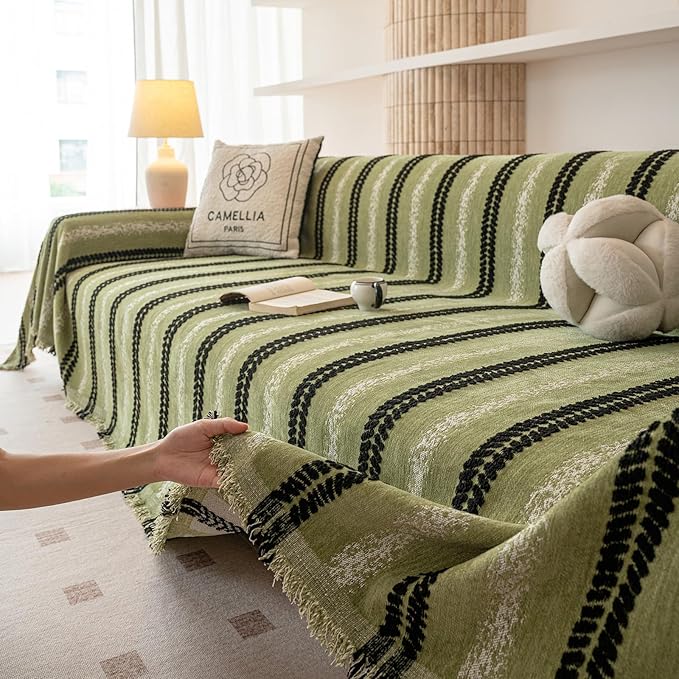 VClife Chenille Sofa Cover Bohemian Striped Pattern Couch Cover for Oversized Sofa - Sage Green Black Textured Sofa Slipcover Washable Furniture Protector for Couch Decorative Couch Cushion Cover