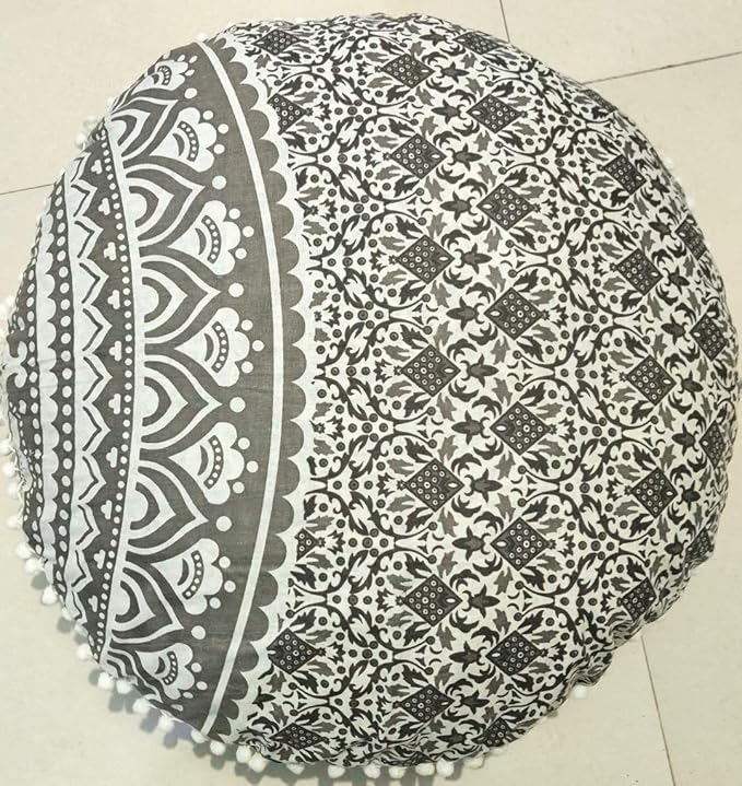 CRAFT KALA Mandala Floor Pillow Cushion Cover Seating Throw Cover Hippie Decorative Bohemian Ottoman Poufs Pom Pom Pillow Cases Boho Indian Cotton Living Room Home Décor 24" Round Set Of 2, Grey Ombre