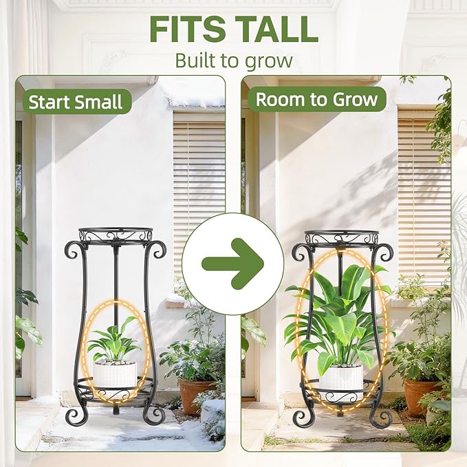 iDavosic.ly 2 Tier Metal Plant Stand Indoor Outdoor, Iron Corner Tall Flower Pot Holder Shelf, 27 Inch Vertical Heavy Duty Display Rack for Patio Porch Living Room Garden, Black