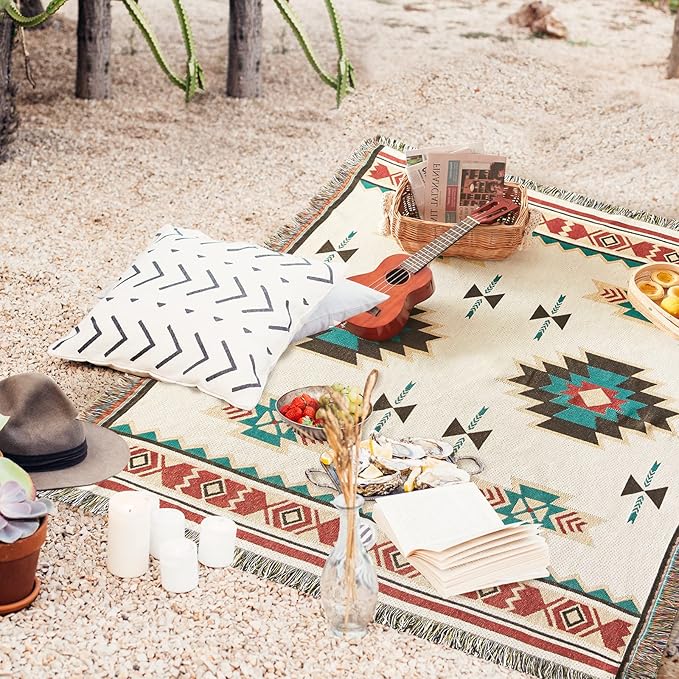 Touchat Native American Blanket Western Decor Boho Throw Blanket for Sofa, Mexican Decorative Farmhouse Blanket, Southwest Decor Woven Blankets, Aztec Throw Blankets with Tassel(Beige,50×60 inch)