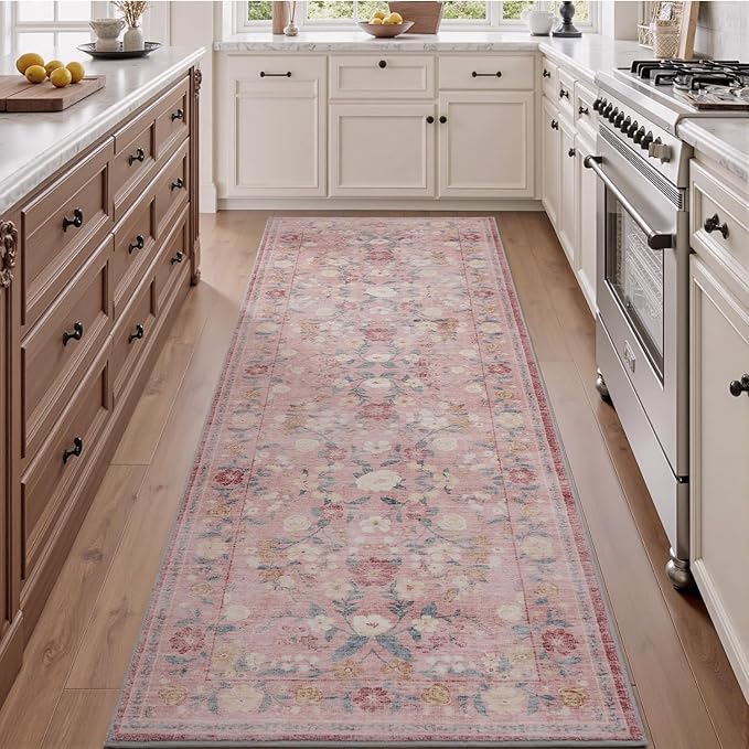 AMOAMI Vintage Floral Runners for Hallways Indoor, 2x6 Kitchen Runner Rug Non Slip Machine Washable Entryway Rug Runner Ultra Soft Boho Carpet Runner for Hallway Kitchen Bedside Entryway, Pink