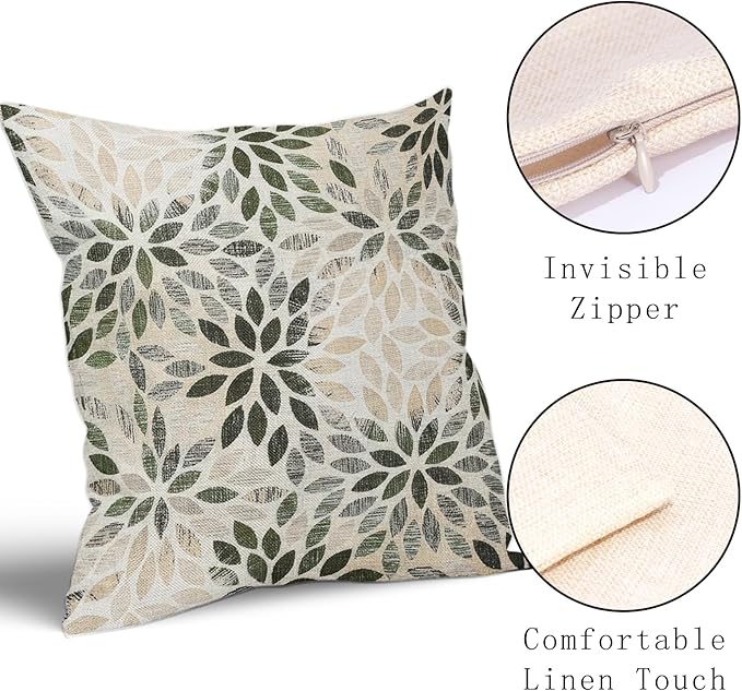 Olive Green Dahlia Throw Pillow Covers 18x18 Inch Rustic Geometric Flower Decorative Square Pillow Cases Beige Tan Gray Floral Cushion Covers Farmhouse Home Decor For Sofa Couch Outdoor Set of 2