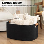 danpinera Large Woven Basket, 108 L Blanket Basket for Living Room, Nursery Bin for Toys Organizing & Laundry, Cotton Rope Hamper with Leather Handle, 25’’*16’’*16’’ Black