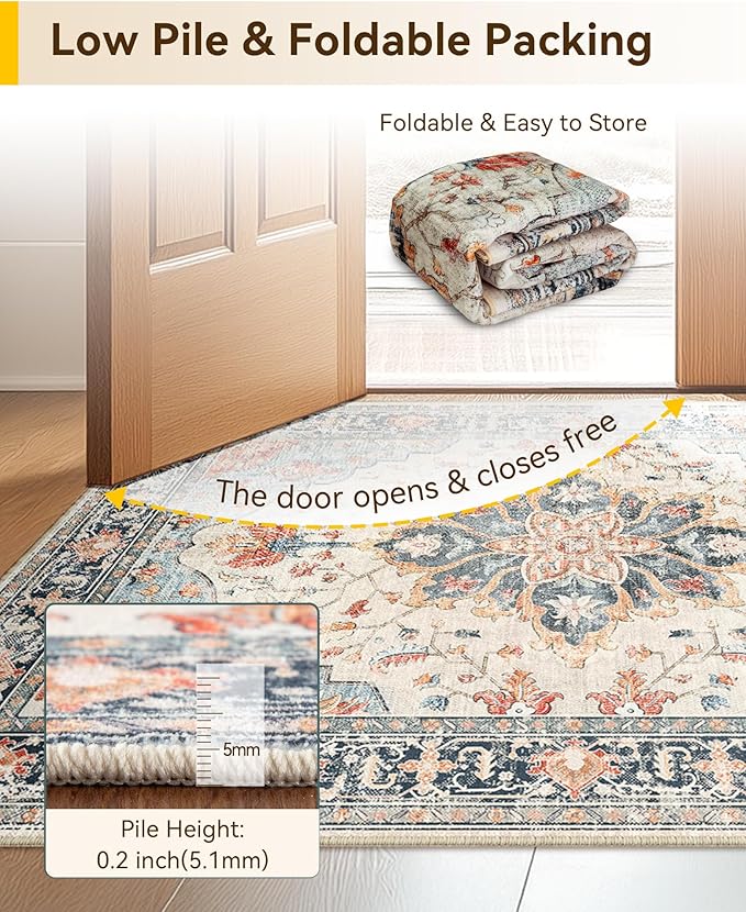 Area Rugs 3'x10' Runner Rug Non Slip Washable for Kitchen Hallway Bedroom Beside Laundry Room Bathroom Rug, Floor Carpet, Beige Navy Blue Orange Colorful