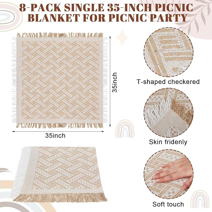 8 Pcs Outdoor Picnic Blanket 35"x35" Boho Blanket Woven Cotton Yarn Portable Mat Plaid with Fringe Washable for Picnic Party Camping Beach Travel Lawn Indoor Bohemia Decor (Beige)