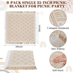 8 Pcs Outdoor Picnic Blanket 35"x35" Boho Blanket Woven Cotton Yarn Portable Mat Plaid with Fringe Washable for Picnic Party Camping Beach Travel Lawn Indoor Bohemia Decor (Beige)