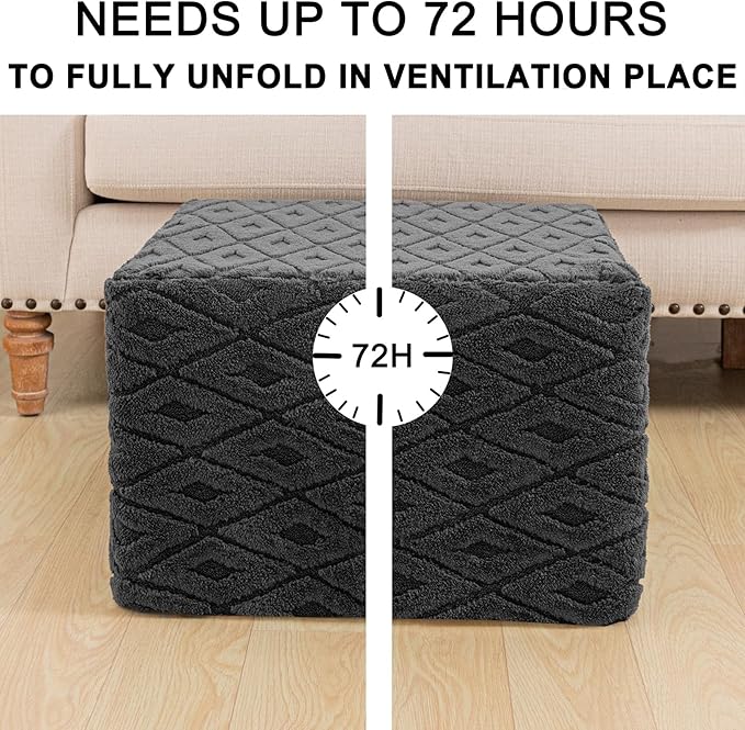 Fluffy Square Ottoman Pouf with All-in-One Foam Filling 20 x 14 Inches Furry Ottoman Foot Rest Foot Stool for Living Room or Bedroom (Gray)