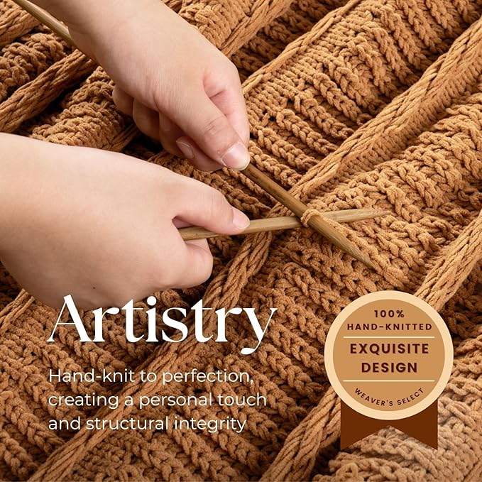 Boho Knitted Chenille Blanket with Tassels - Lightweight & Soft All-Season Throw - 3D Classic Pattern for Living Room Bedroom Couch, Amber Brown, Queen 90"x90"