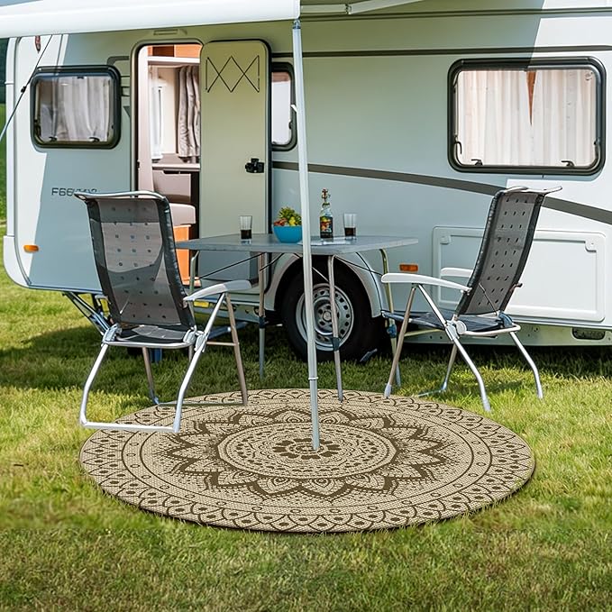 Outdoor Round Rug 5ft, Easy Jute Rug Washable Indoor Outdoor Patio Rug, Non Slip Round Area Rug Farmhouse Front Door Mat, Boho Lightweight Carpet for Backyard Patio Entry (Brown, 5 Ft)