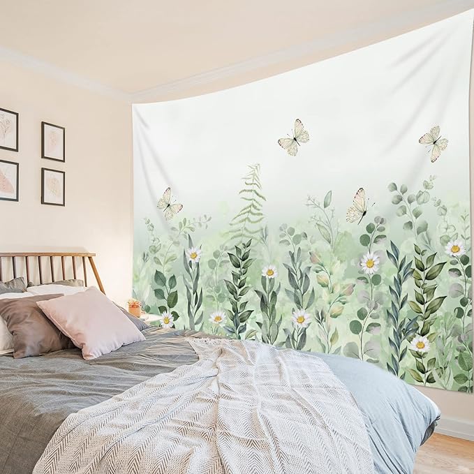 EOBTAIN Sage Green Leaves Tapestry - Eucalyptus Leaf Botanical Plant Vintage Daisy Flower Butterfly Floral Wall Hanging - Simple Cottagecore Aesthetic - Living Room, Bedroom, Dorm - 92.5Wx70.9H