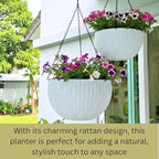 LaLaGreen Indoor Hanging Planter (11 Inch, 1 Pack) Self-Watering Round Flower Pot with Water Level Indicator, White Rattan Style Hanging Basket with Metal Chain for Balcony, Porch, Deck, Garden Decor