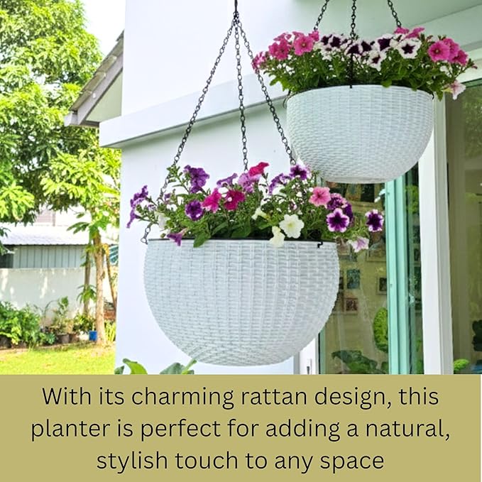 LaLaGreen Indoor Hanging Planter (11 Inch, 1 Pack) Self-Watering Round Flower Pot with Water Level Indicator, White Rattan Style Hanging Basket with Metal Chain for Balcony, Porch, Deck, Garden Decor