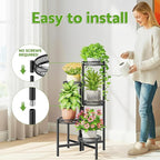 Plant Stand Indoor Outdoor, 5 Tier Corner Metal Flower Display Holder Stand, Folding Tall Plant Rack for Patio Balcony Porch Garden Living Room House, Heavy Duty Wrought Iron Plant Shelf - BlackFlower
