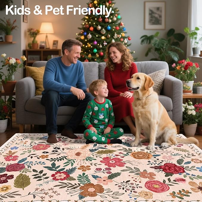 6x9 Area Rugs for Living Room Clearance Washable Boho Area Rug, Vintage Floral Non Slip Low Pile Large Rug for Living Room, Bedroom, Dining Room, Farmhouse (6 x 9 Beige Red)