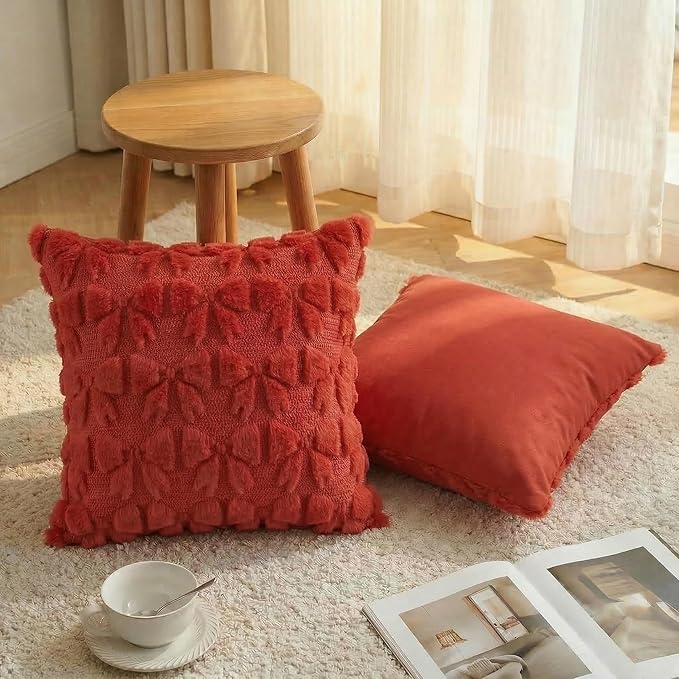 AVOIN colorlife Red Spring Bow Throw Pillow Covers Set of 2, 18 x 18 Inch Coquette Aesthetic Room Decor Soft Plush Faux Fur Cushion Case for Girls Room
