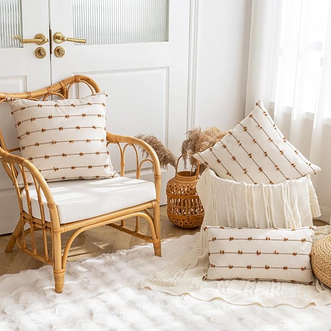 Boho Throw Pillow Covers 24x24 Set of 2 Modern Farmhouse Decorative Cushion Case Tufted Square Pillows Cover Neutral Pillow Cases Accent Pillowcase for Sofa,Couch,Bed,Beige and Brown