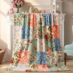 Boho Pastel Floral Throw Blanket Ultra Soft Fleece Patchwork Blanket for Couch and Bed Holiday Theme Cozy Throw Decoration Warm Gift for Spring Summer, 50 x 60 Inches