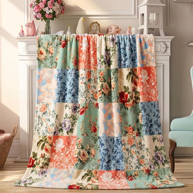 Boho Pastel Floral Throw Blanket Ultra Soft Fleece Patchwork Blanket for Couch and Bed Holiday Theme Cozy Throw Decoration Warm Gift for Spring Summer, 50 x 60 Inches