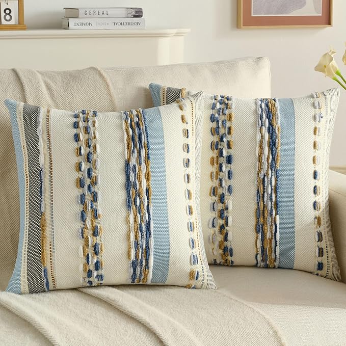 FUTEI Navy Brown Decorative Throw Pillow Covers 20x20 Inch Set of 2, Soft Tufted Striped Textured Accent Cushion Case,Boho Pillows for Couch Decor